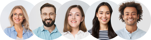 Vijf diverse professionals met glimlachend gezichten, vertegenwoordigen vertrouwen en expertise in SEO-diensten.
