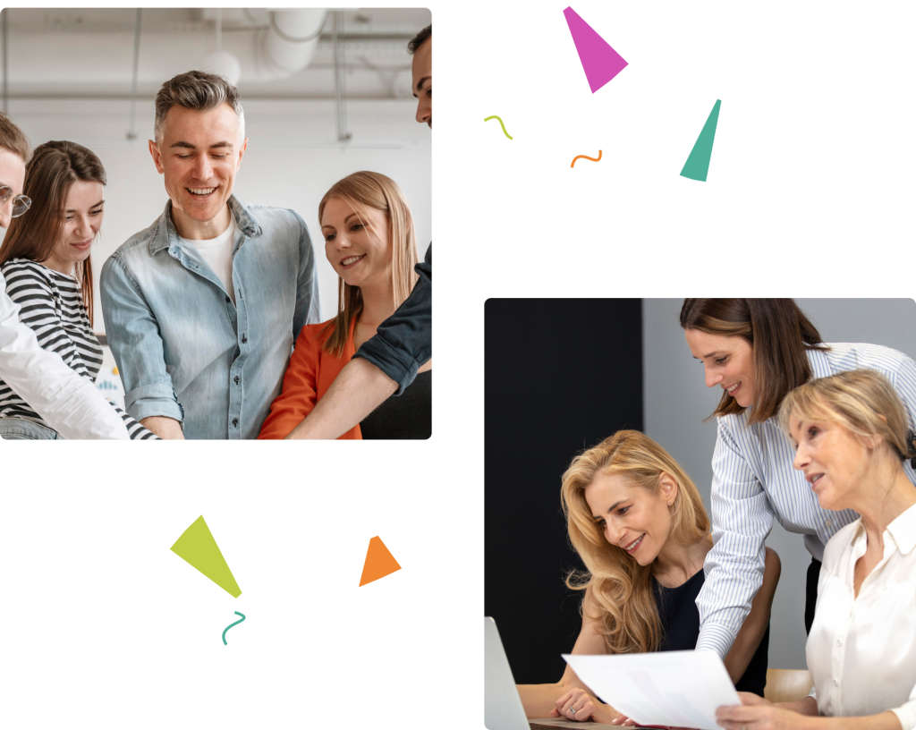 Groep professionals die samenwerken en ideeën delen, met een focus op SEO-strategieën voor bedrijfsoptimalisatie.