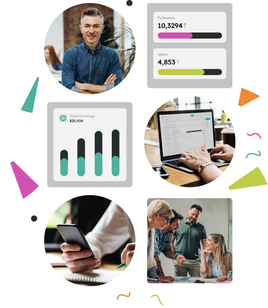 Professionals collaborating on digital marketing strategies, analytics dashboard showing follower growth and user engagement, and a person using a smartphone, emphasizing SEO and business growth.