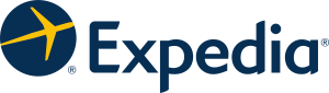 Expedia logo featuring a blue design with a yellow airplane, representing travel and booking services.