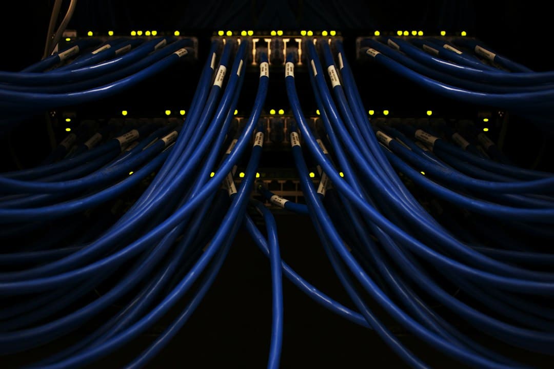 Blauwe netwerkkabels aangesloten op een server